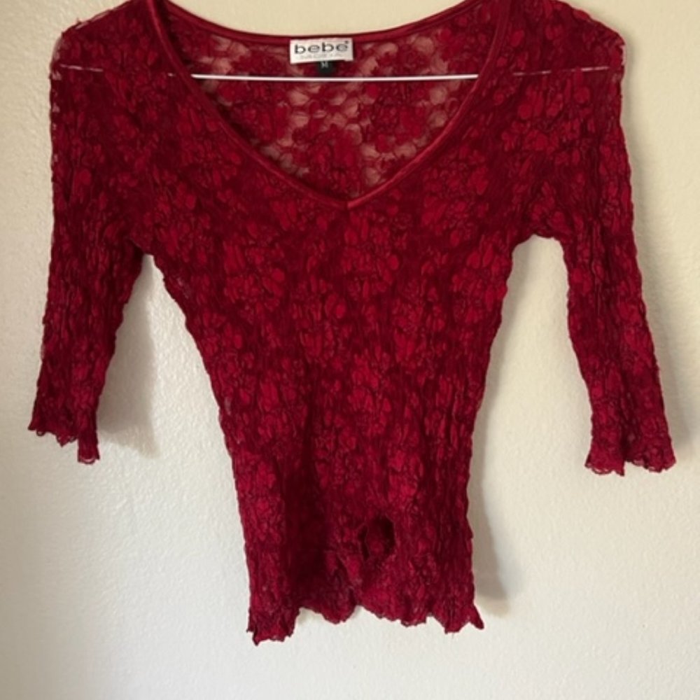 Bebe Moda Stretch Lace Top with Satin Trim